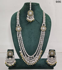 CZ Stone Studded Long Necklace Set with Earrings and Maang Tikka