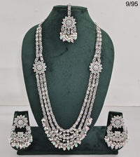 CZ Stone Studded Long Necklace Set with Earrings and Maang Tikka