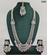 CZ Stone Studded Long Necklace Set with Earrings and Maang Tikka