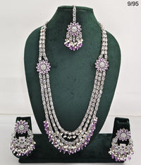 CZ Stone Studded Long Necklace Set with Earrings and Maang Tikka