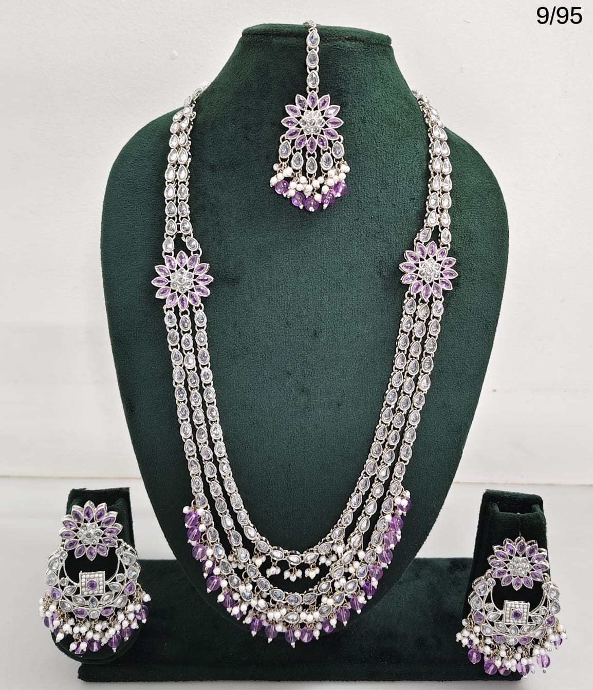 CZ Stone Studded Long Necklace Set with Earrings and Maang Tikka