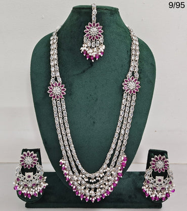 CZ Stone Studded Long Necklace Set with Earrings and Maang Tikka