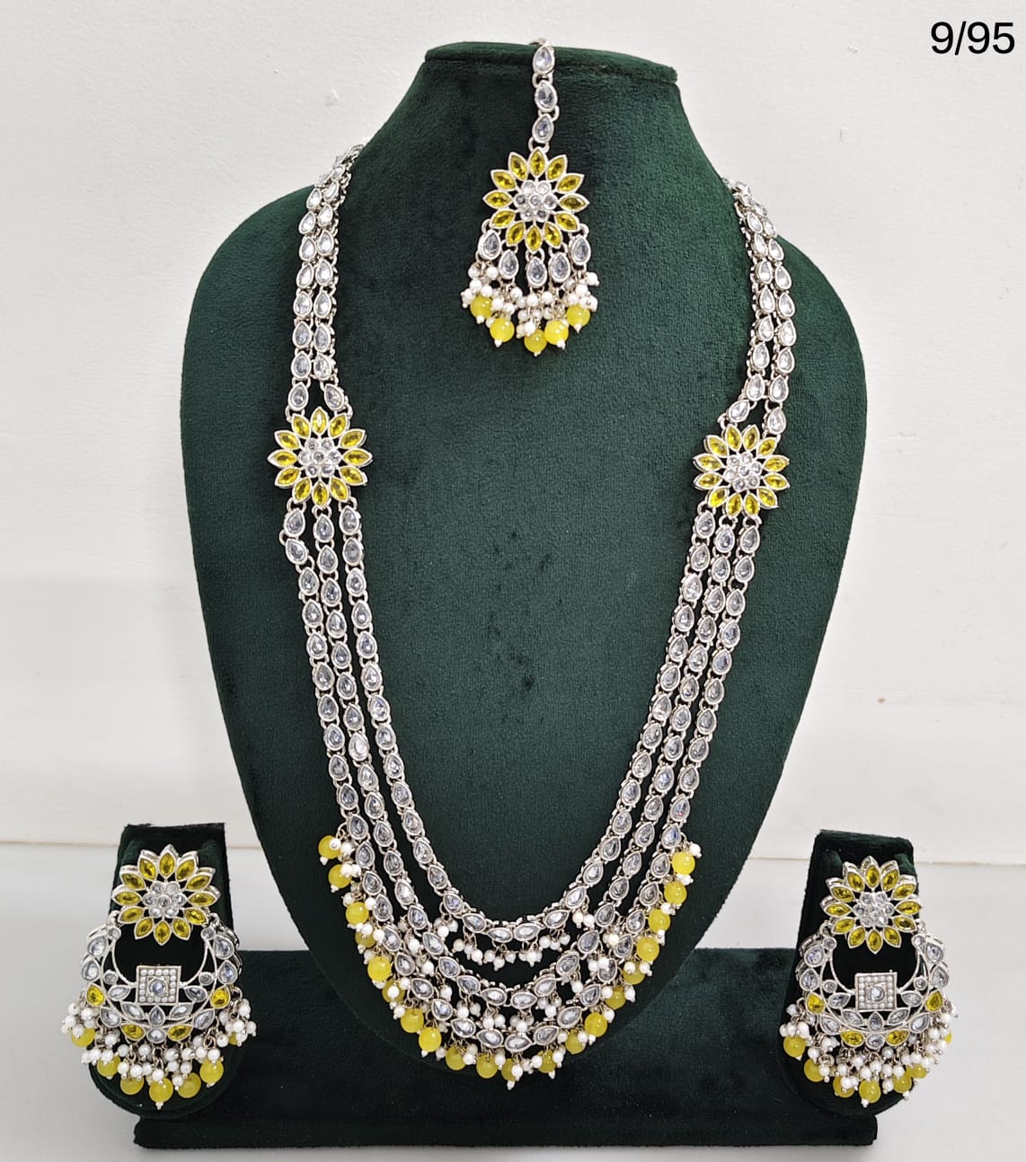 CZ Stone Studded Long Necklace Set with Earrings and Maang Tikka