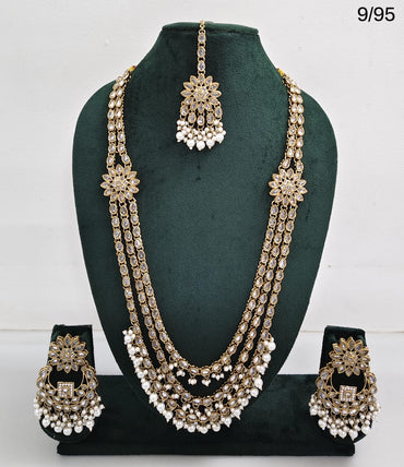LucenteMarket CZ Bridal Long Necklace Set with Earrings and Maang Tikka