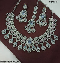Luxury Silver Bridal Necklace & Earrings Set -  CZ & Gemstone Detailing