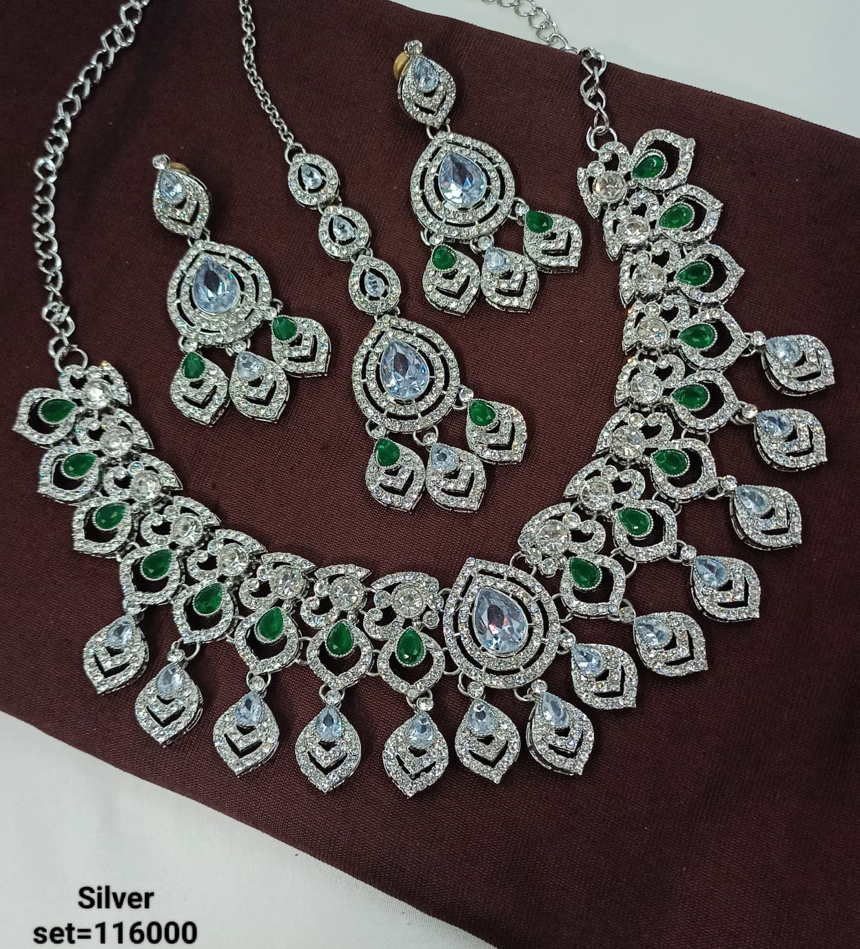 Luxury Silver Bridal Necklace & Earrings Set -  CZ & Gemstone Detailing