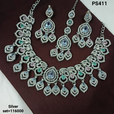 Luxury Silver Bridal Necklace & Earrings Set -  CZ & Gemstone Detailing
