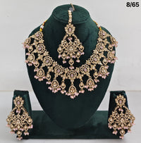 Bridal CZ Stone Choker Necklace Set with Earrings and Maang Tikka – Traditional Indian Jewelry