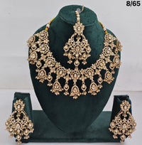 Bridal CZ Stone Choker Necklace Set with Earrings and Maang Tikka – Traditional Indian Jewelry
