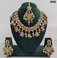 Bridal CZ Stone Choker Necklace Set with Earrings and Maang Tikka – Traditional Indian Jewelry