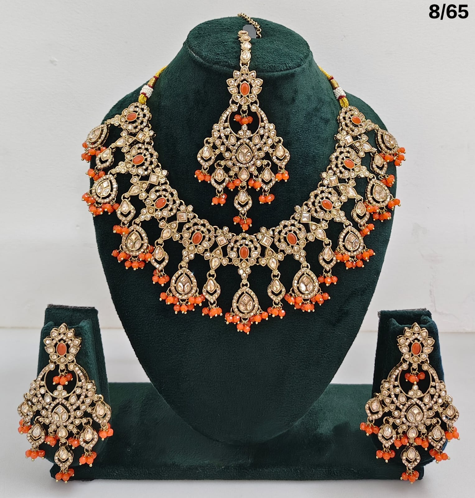 Bridal CZ Stone Choker Necklace Set with Earrings and Maang Tikka – Traditional Indian Jewelry