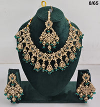 Bridal CZ Stone Choker Necklace Set with Earrings and Maang Tikka – Traditional Indian Jewelry