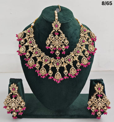 Bridal CZ Stone Choker Necklace Set with Earrings and Maang Tikka – Traditional Indian Jewelry