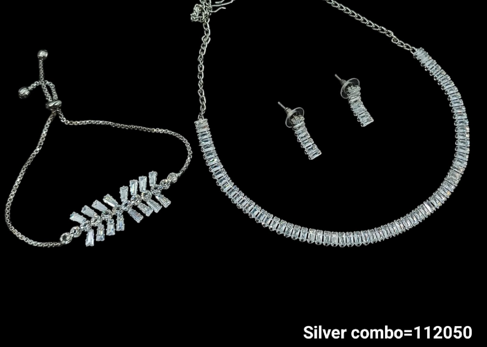 Elegant Silver Jewelry Set – Necklace, Bracelet & Earrings Combo with Sparkling Crystals