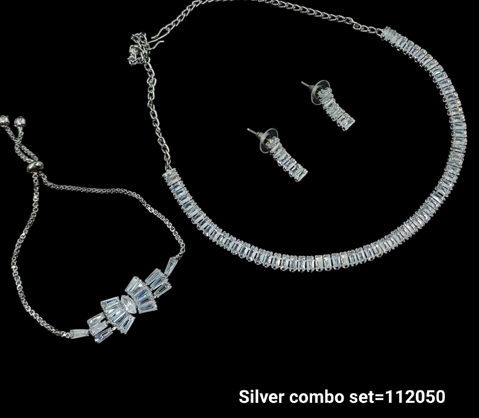 Elegant Silver Jewelry Combo Set – Sparkling Necklace, Earrings & Fan-Shaped Bracelet