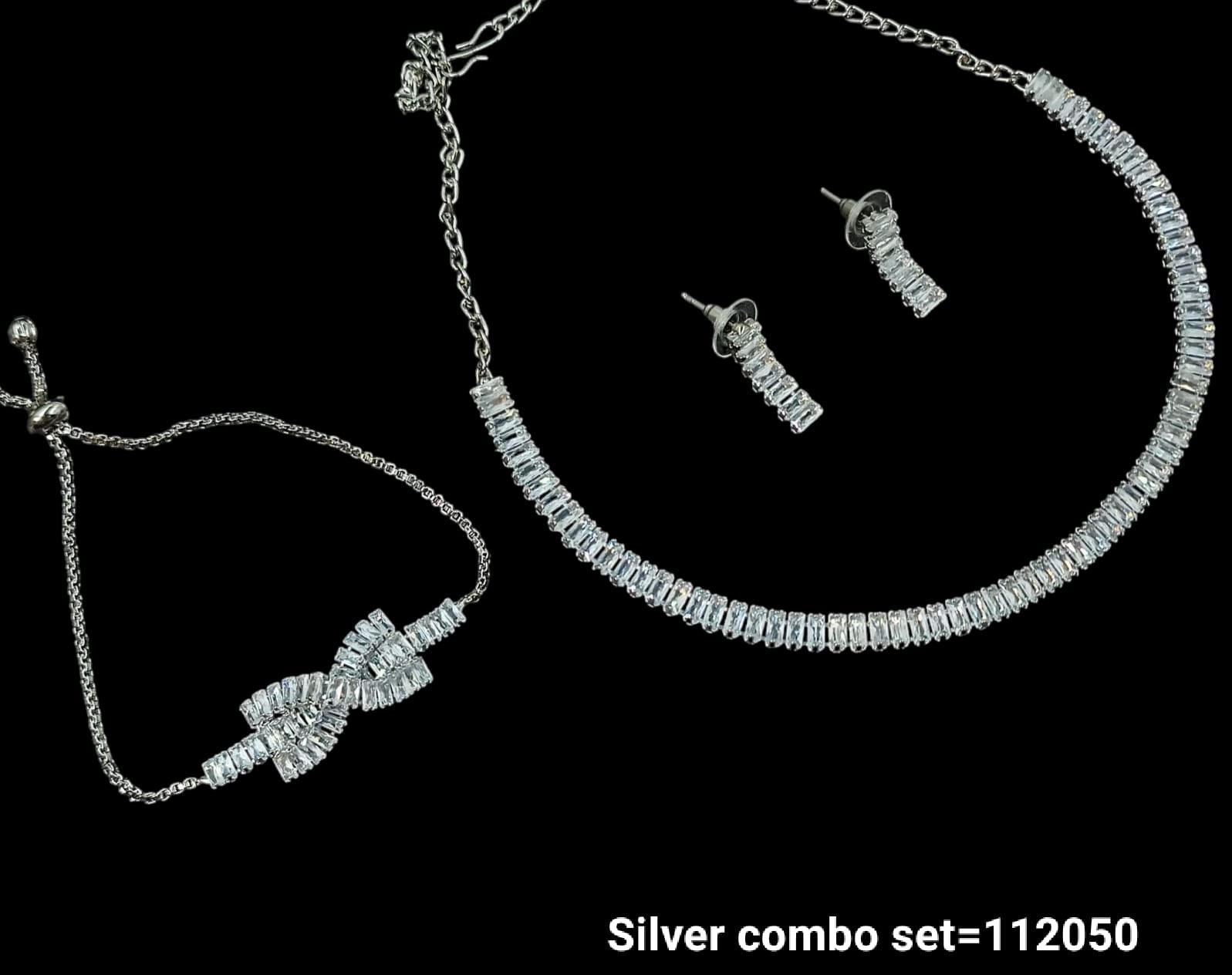 Elegant Silver Jewelry Combo Set – Necklace, Earrings & Bracelet with Sparkling Crystals