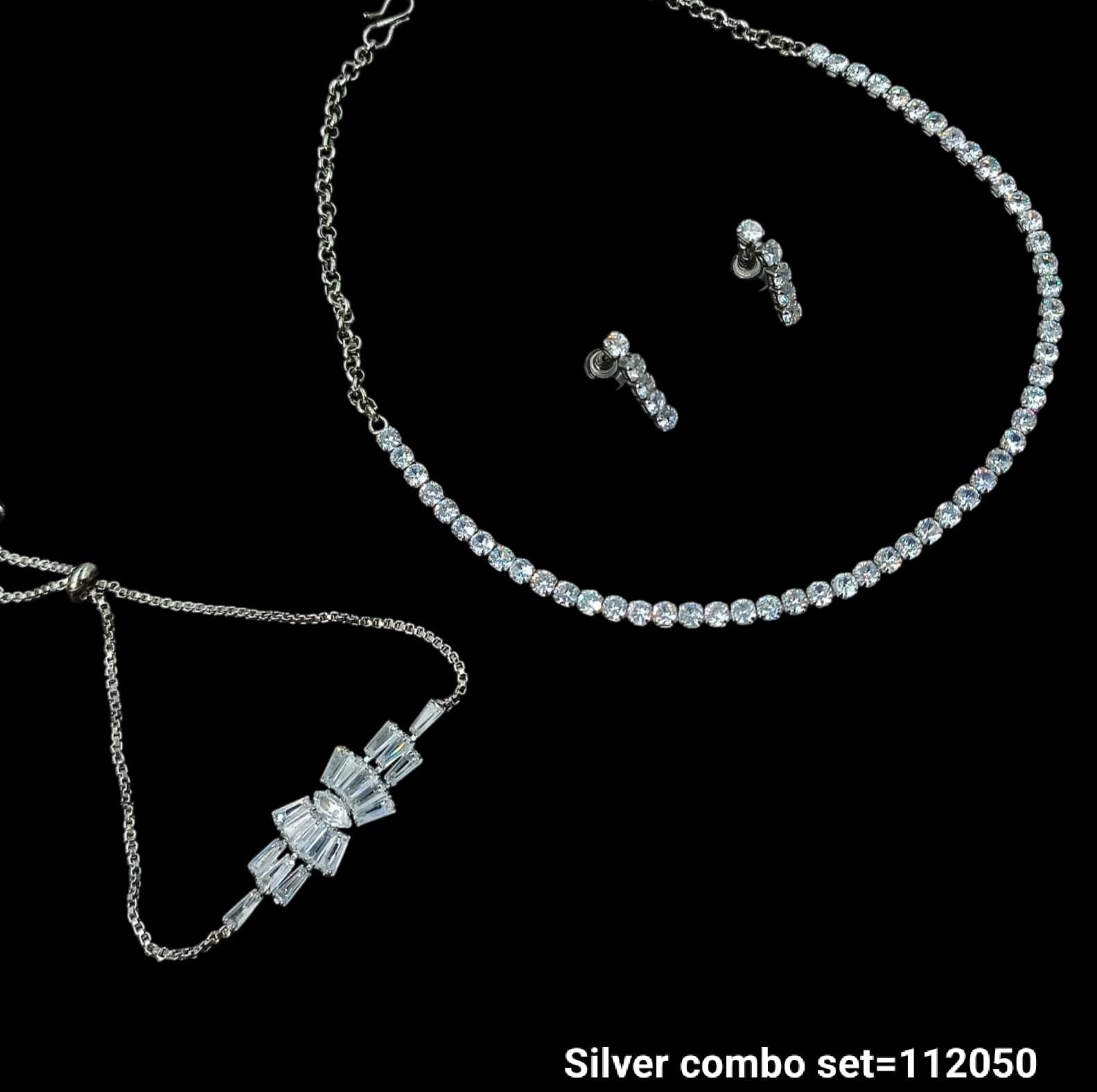 Dazzling Silver Jewelry Set – Tennis Necklace, Geometric Bracelet & CZ Earrings
