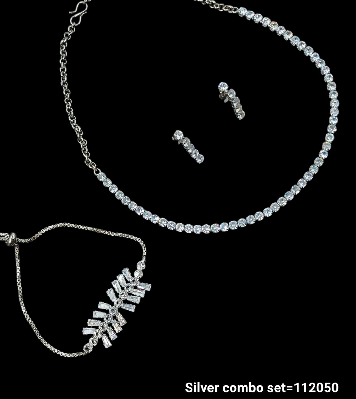 Elegant Silver Combo Jewelry Set – Necklace, Bracelet & Earrings with Sparkling Crystals