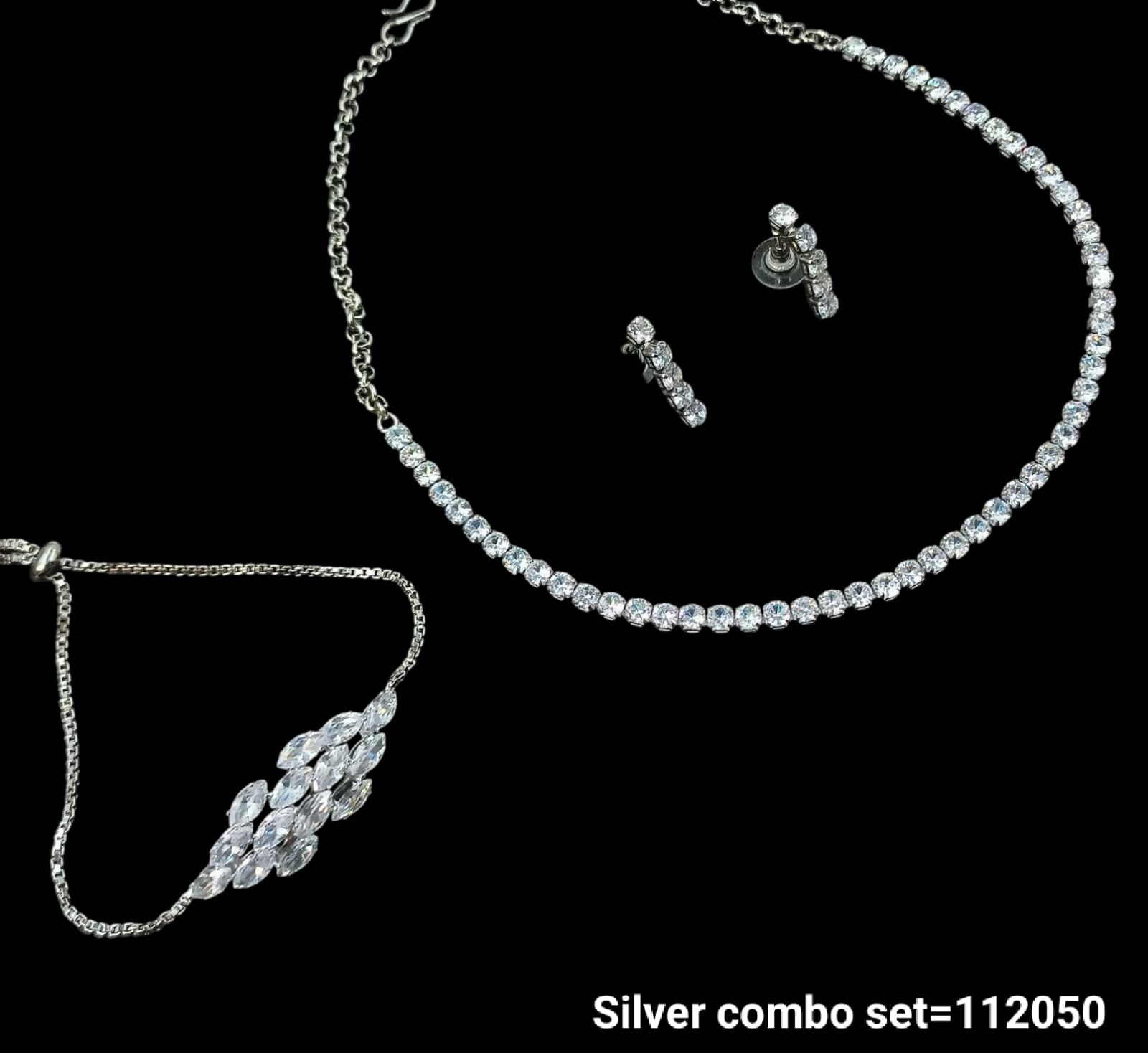 Elegant Silver Jewelry Combo Set – Necklace, Bracelet & Earrings with Sparkling Crystals