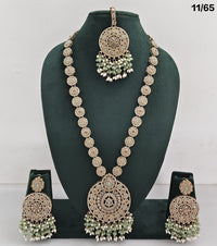 Elegant CZ Stone Necklace Set with Pearls – Bridal Jewelry Set with Earrings & Maang Tikka