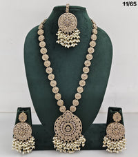 Elegant CZ Stone Necklace Set with Pearls – Bridal Jewelry Set with Earrings & Maang Tikka