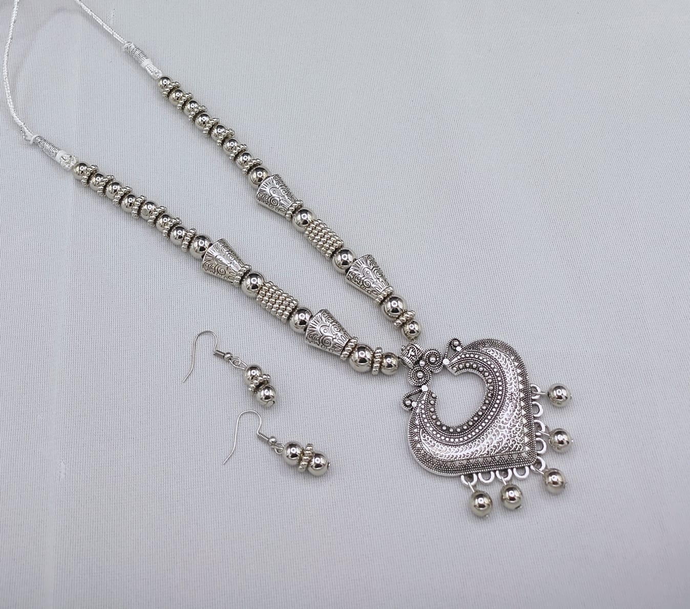 Oxidized Silver Heart Pendant Necklace Set – Ethnic Boho Jewelry with Earrings