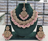 Elegant Pearl and Stone Choker Necklace Set with Earrings & Maang Tikka