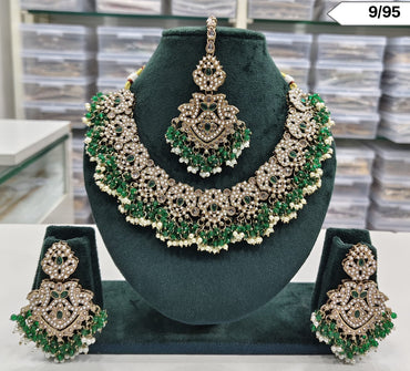 Elegant Pearl and Stone Choker Necklace Set with Earrings & Maang Tikka