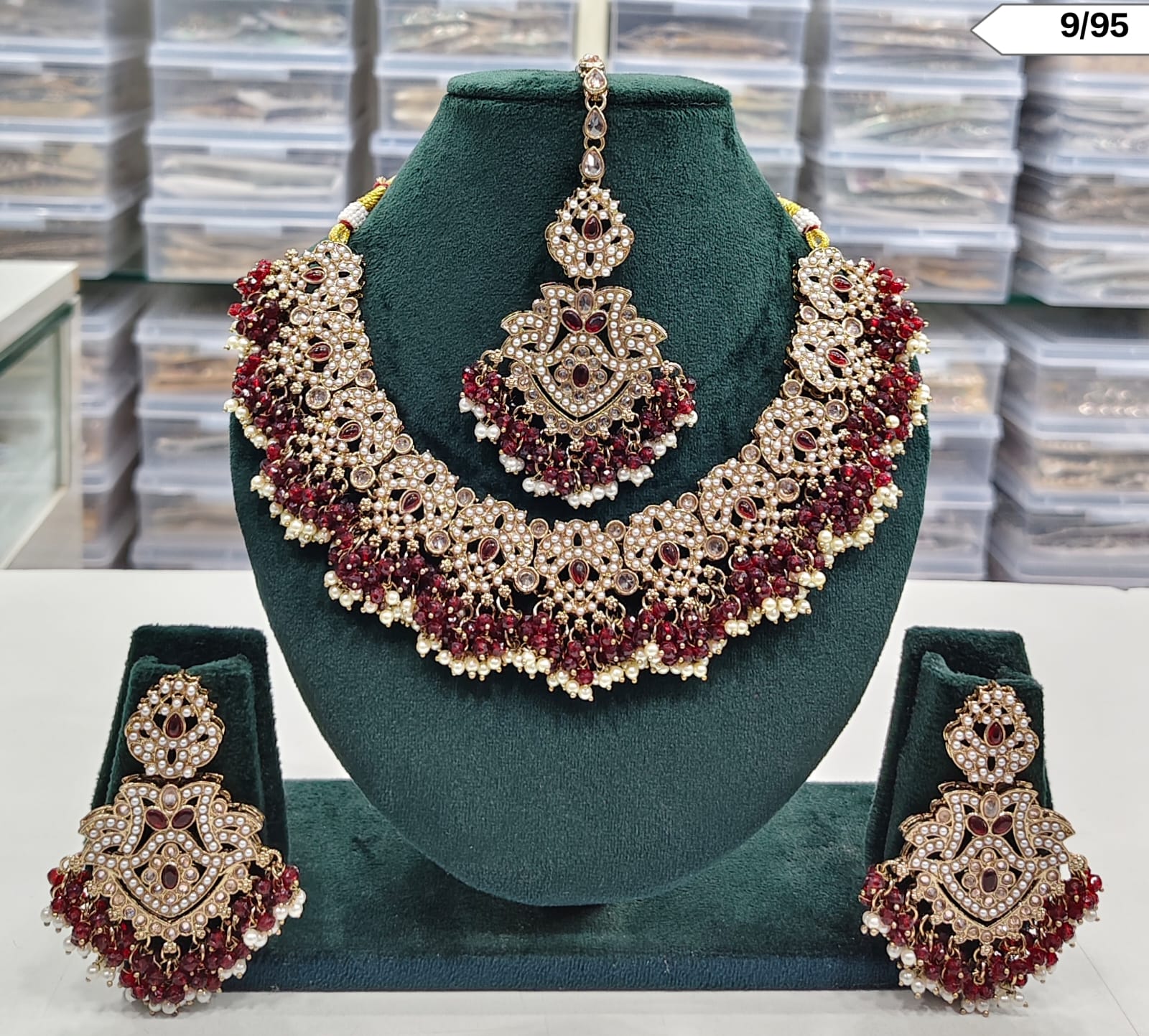 Elegant Pearl and Stone Choker Necklace Set with Earrings & Maang Tikka