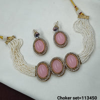 Elegant Multi-Strand Pearl Choker Set with Oval Gemstone Accents
