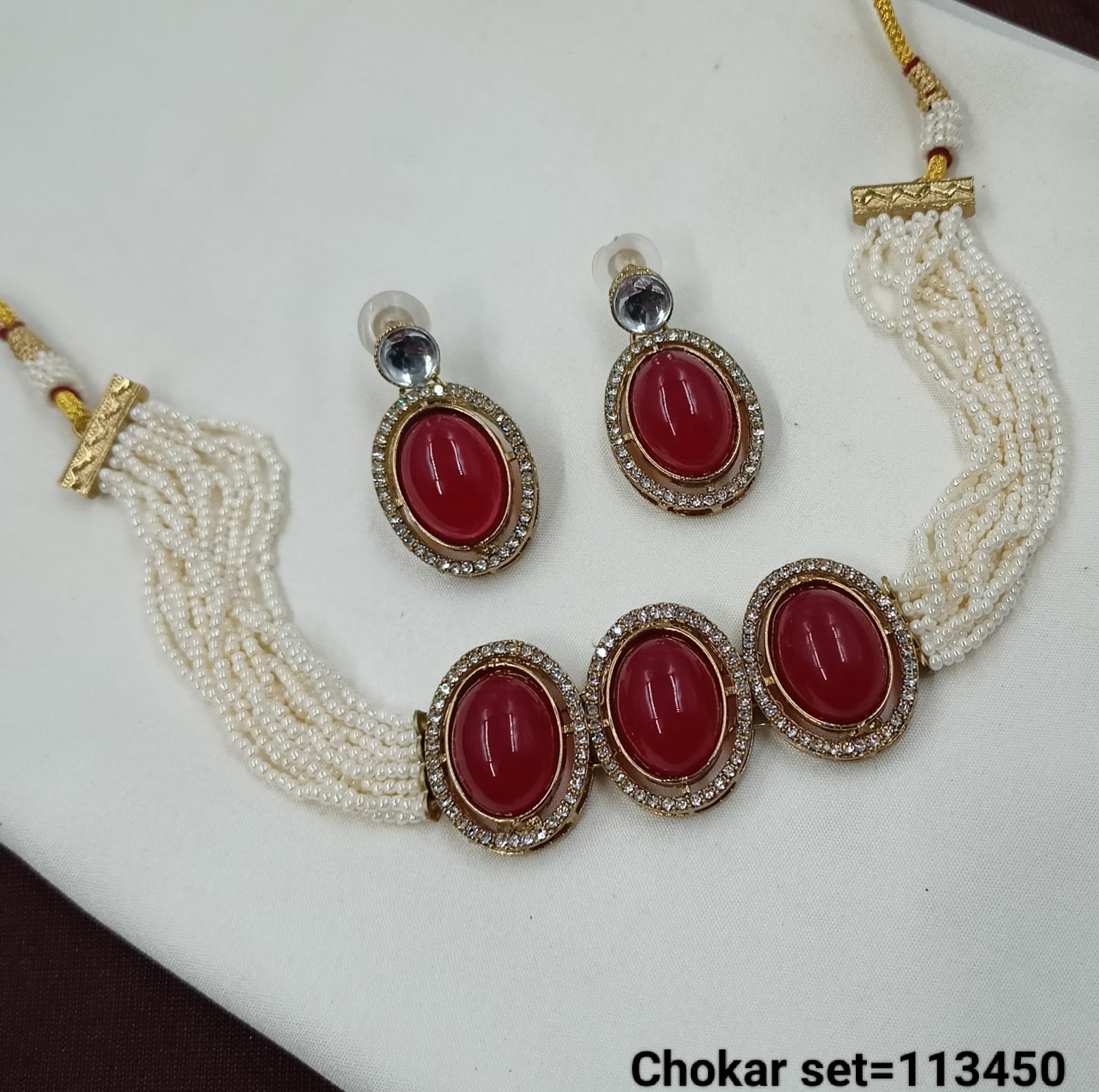 Elegant Multi-Strand Pearl Choker Set with Oval Gemstone Accents