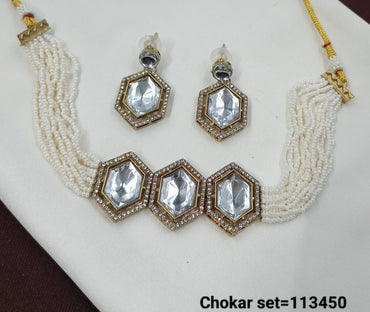 Handcrafted Pearl Multi-Strand Choker Set with Hexagonal Stones – Lucentemarket