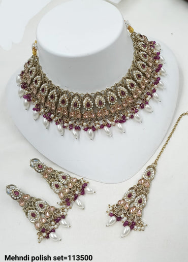 Antique Finish Bridal Jewelry Set – Necklace, Earrings & Maang Tikka
