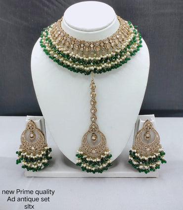 Prime Quality Pachi Kundan Antique Necklace and Earrings Set with Beaded Detailing