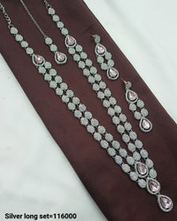 Teardrop Stone & CZ Silver Long Necklace Set