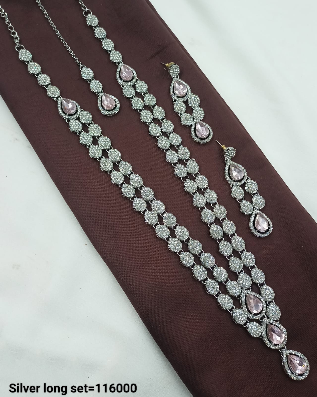 Teardrop Stone & CZ Silver Long Necklace Set