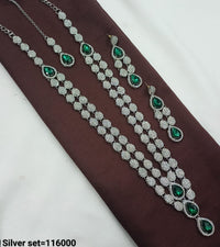 Teardrop Stone & CZ Silver Long Necklace Set