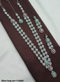 Teardrop Stone & CZ Silver Long Necklace Set