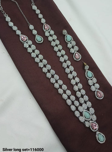 Teardrop Stone & CZ Silver Long Necklace Set