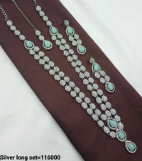 Teardrop Stone & CZ Silver Long Necklace Set