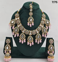 Kundan Stone Necklace Set with Hanging Pearls & Beads – Earrings & Maang Tikka Included
