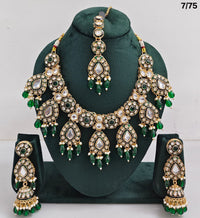 Kundan Stone Necklace Set with Hanging Pearls & Beads – Earrings & Maang Tikka Included