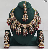 Kundan Stone Necklace Set with Hanging Pearls & Beads – Earrings & Maang Tikka Included