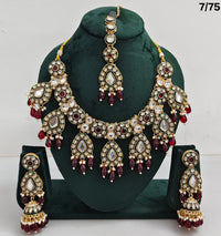Kundan Stone Necklace Set with Hanging Pearls & Beads – Earrings & Maang Tikka Included