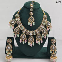 Kundan Stone Necklace Set with Hanging Pearls & Beads – Earrings & Maang Tikka Included
