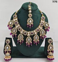 Kundan Stone Necklace Set with Hanging Pearls & Beads – Earrings & Maang Tikka Included
