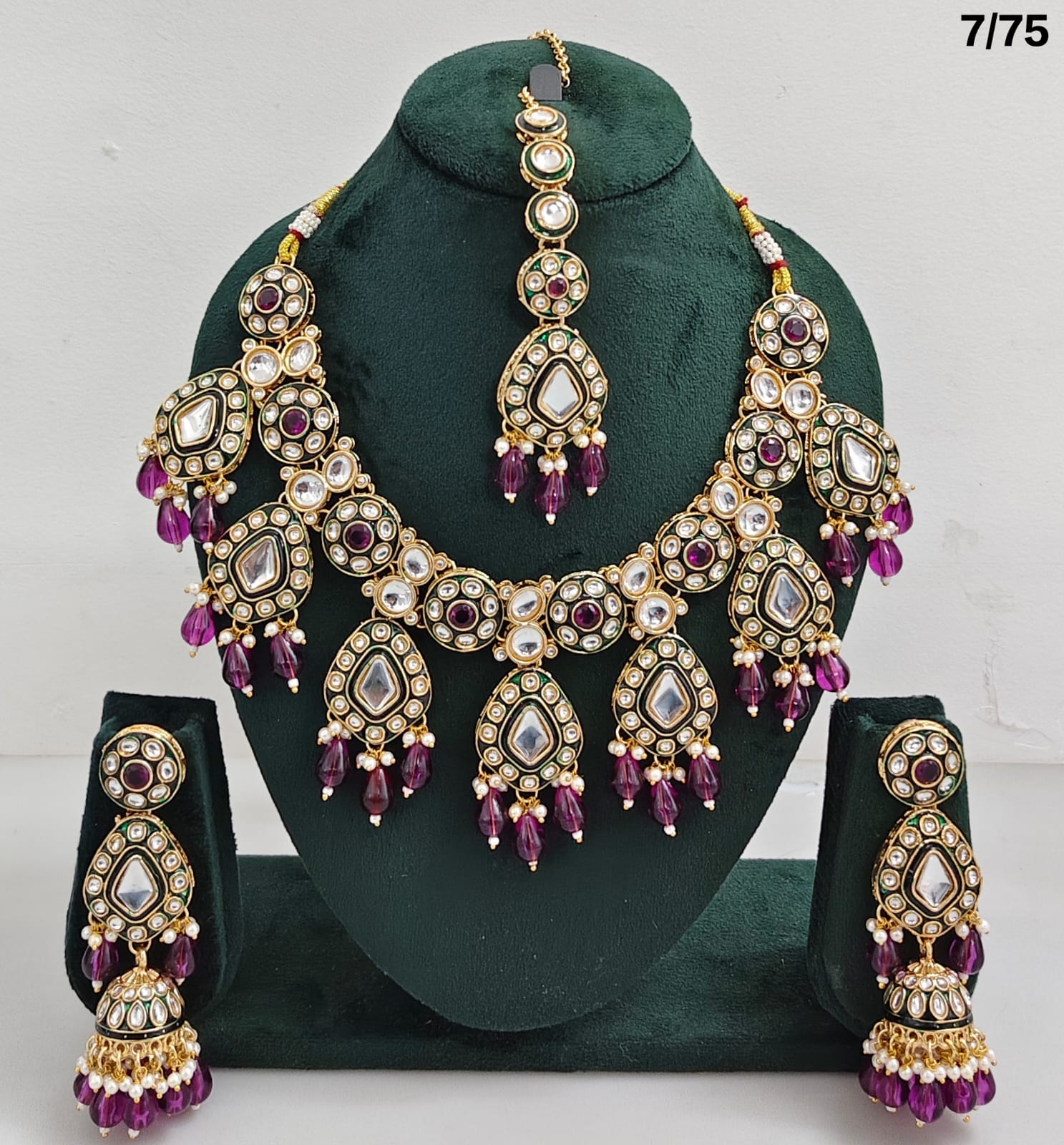 Kundan Stone Necklace Set with Hanging Pearls & Beads – Earrings & Maang Tikka Included