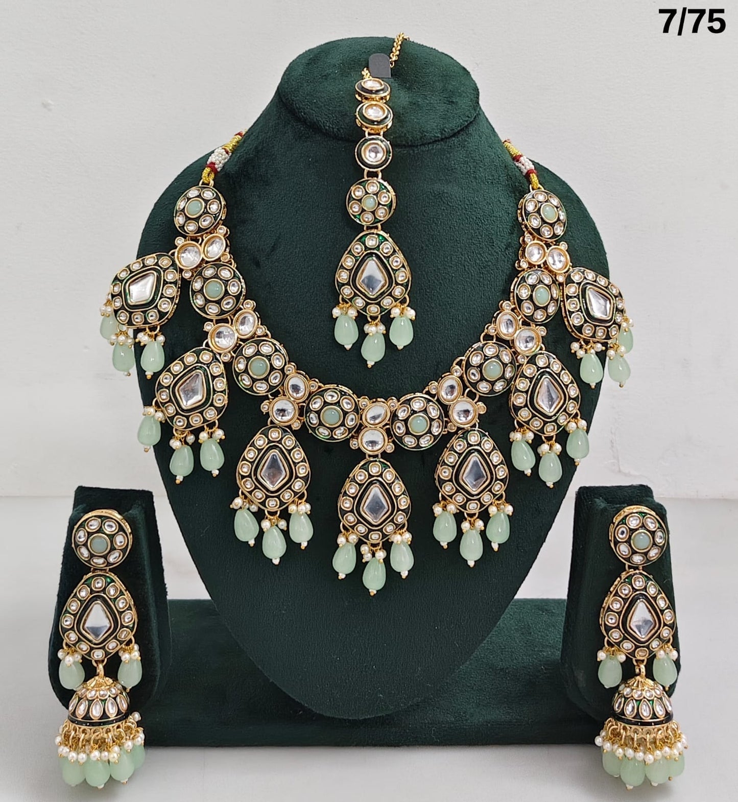 Kundan Stone Necklace Set with Hanging Pearls & Beads – Earrings & Maang Tikka Included