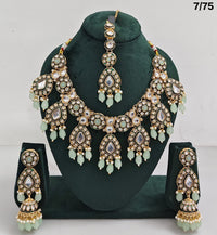 Kundan Stone Necklace Set with Hanging Pearls & Beads – Earrings & Maang Tikka Included