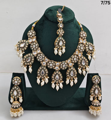 Kundan Stone Necklace Set with Hanging Pearls & Beads – Earrings & Maang Tikka Included